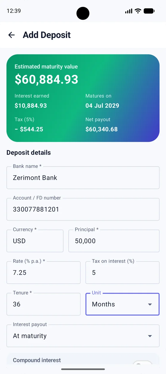Fixed Deposit Tracker add-deposit screen with a live maturity calculator