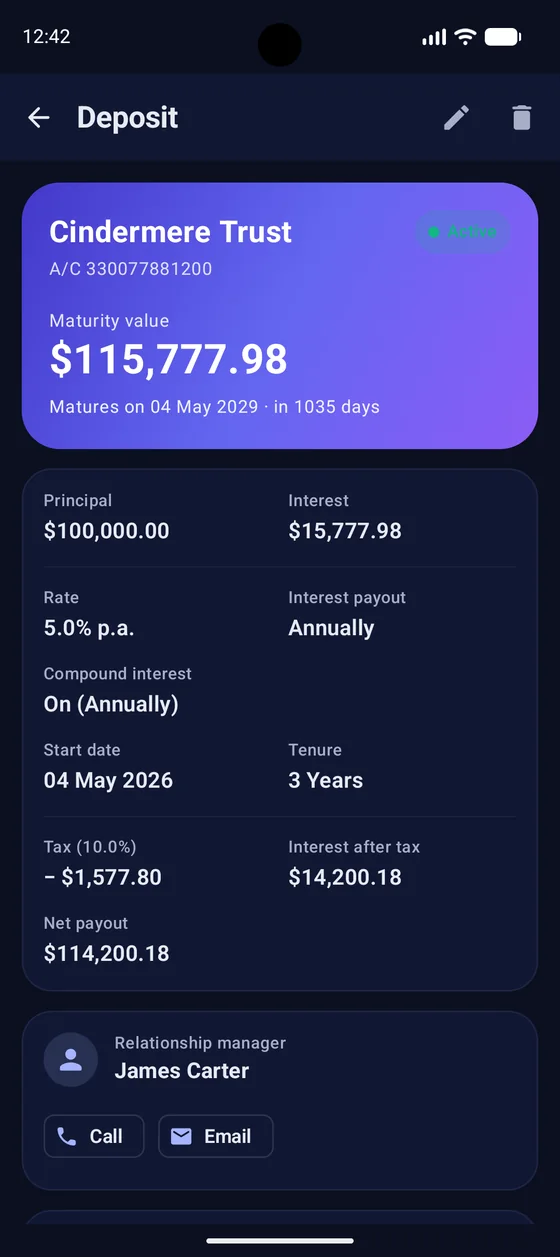Deposit detail showing the full breakdown, net payout and relationship-manager contact