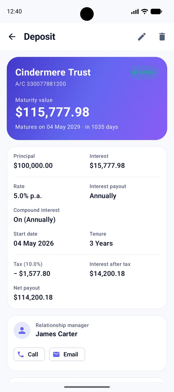 Deposit detail showing the full breakdown, net payout and relationship-manager contact
